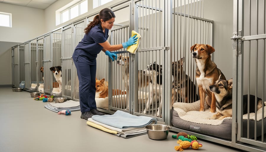 Volunteer cleaning a shelter kennel area while a dog rests nearby