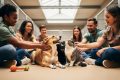 Volunteers and foster families gently pet rescued dogs and a cat together inside an animal shelter play area.