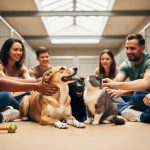 Volunteers and foster families gently pet rescued dogs and a cat together inside an animal shelter play area.