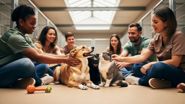 Volunteers and foster families gently pet rescued dogs and a cat together inside an animal shelter play area.