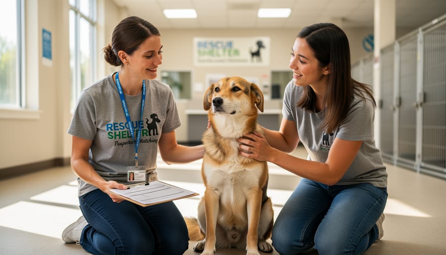 A volunteer brushing a dog’s coat in a rescue setting.