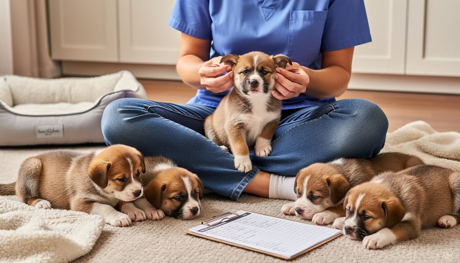 A caregiver’s hands gently supporting a small puppy during a careful health check near a scale.