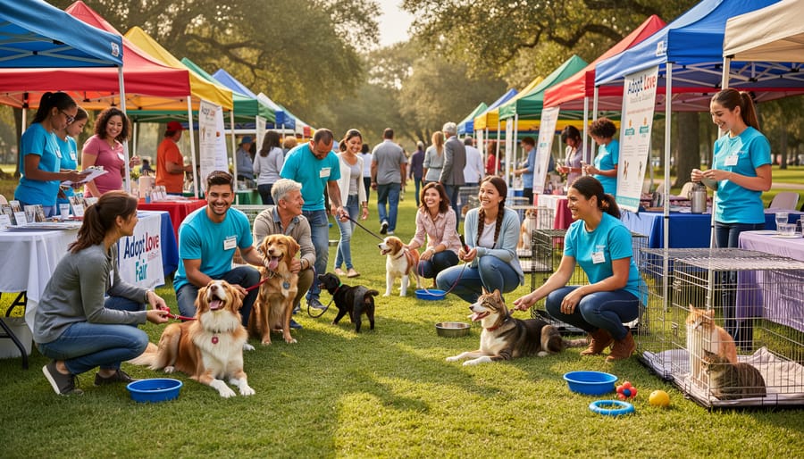 A volunteer and family interacting with a dog at a community adoption event.