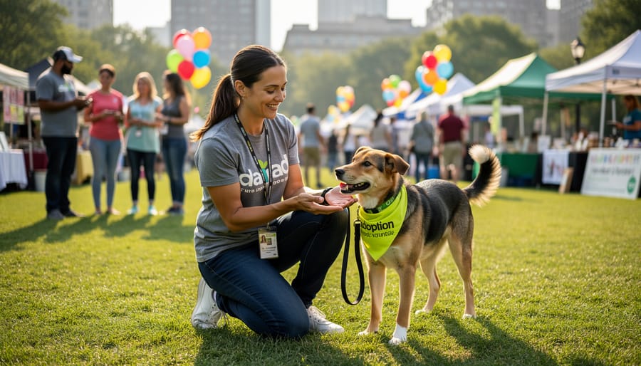 A community advocate holding a leash beside a dog at an adoption event table.