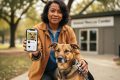 A community advocate holding a smartphone while walking a friendly shelter dog outdoors, representing animal welfare advocacy and adoption support.