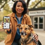 A community advocate holding a smartphone while walking a friendly shelter dog outdoors, representing animal welfare advocacy and adoption support.