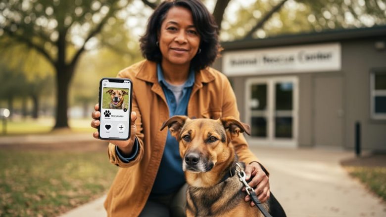 A community advocate holding a smartphone while walking a friendly shelter dog outdoors, representing animal welfare advocacy and adoption support.