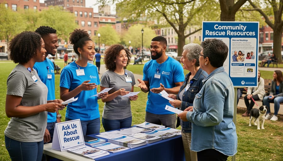 A community advocate speaking with neighbors at an outdoor information table near a residential street.
