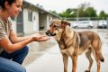 A dog rescue volunteer kneeling next to a rescued dog on a patio, showing gentle, hands-on care.