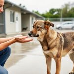 A dog rescue volunteer kneeling next to a rescued dog on a patio, showing gentle, hands-on care.