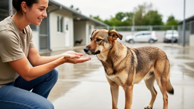 A dog rescue volunteer kneeling next to a rescued dog on a patio, showing gentle, hands-on care.