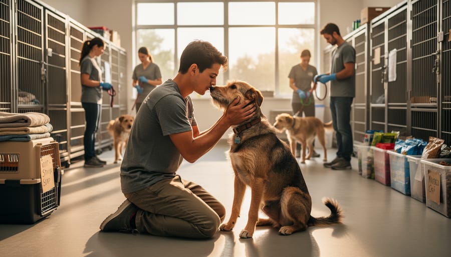 Volunteer greeting dogs inside a rescue facility