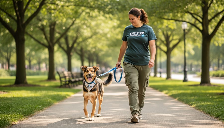 Volunteer walking a shelter dog on a leash in a park