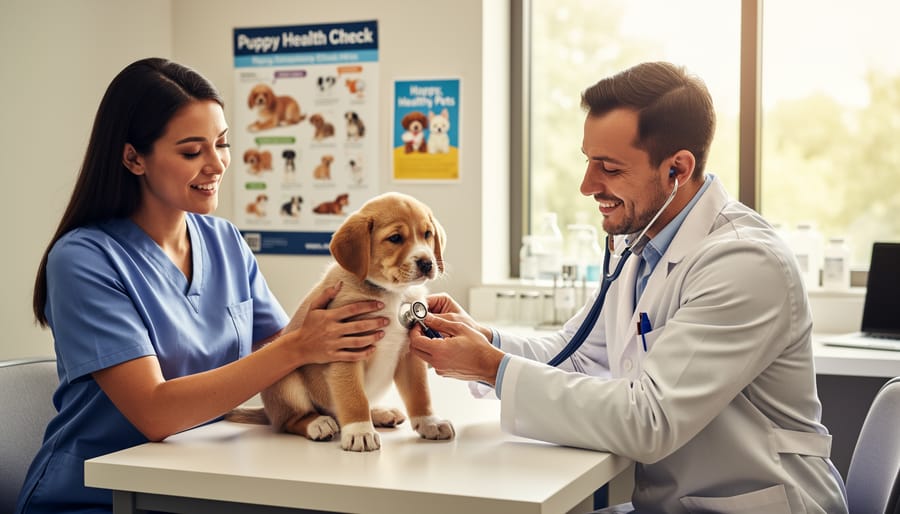 Veterinarian examining a puppy on an exam table in a veterinary clinic