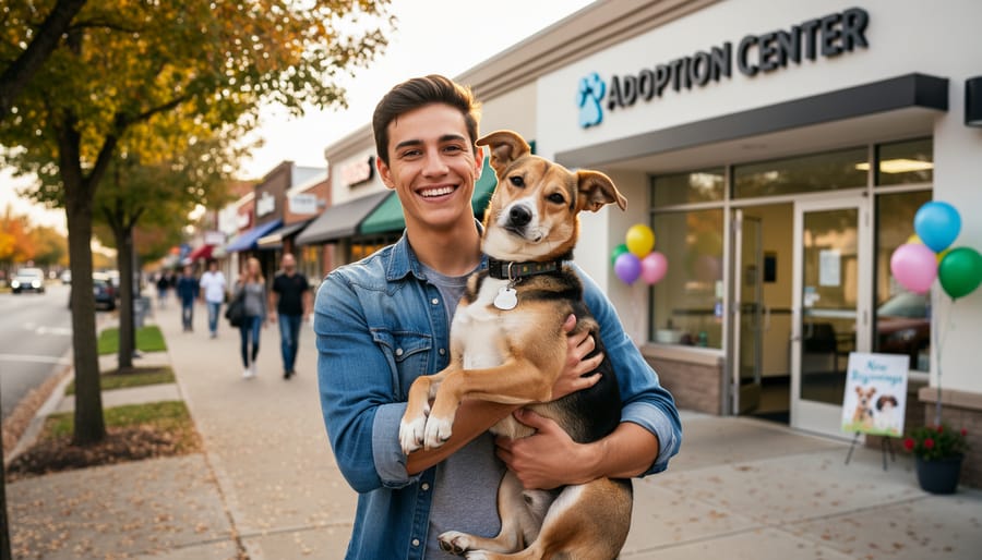 An adopter kneeling with a newly adopted dog near an open car door during golden hour.