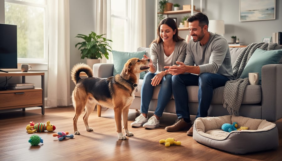 A foster coordinator kneeling on a living room floor with a friendly dog while offering a treat.