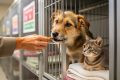 A person offering a treat at a local shelter while a dog and a cat wait nearby on a blanket.