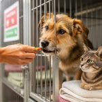 A person offering a treat at a local shelter while a dog and a cat wait nearby on a blanket.
