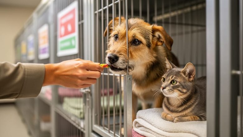 A person offering a treat at a local shelter while a dog and a cat wait nearby on a blanket.