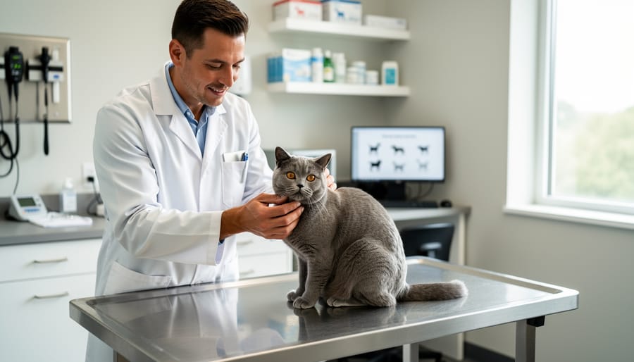 Veterinarian gently examining a healthy Manx cat on an exam table