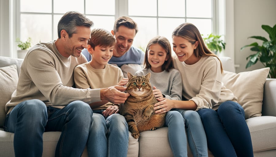 Manx cat with a short tail sitting on a rug next to a child in a sunlit living room