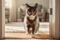 A Manx cat with a tailless or stubby tail sits by a doorway with a friendly, dog-like expression in soft natural light.