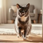 A Manx cat with a tailless or stubby tail sits by a doorway with a friendly, dog-like expression in soft natural light.
