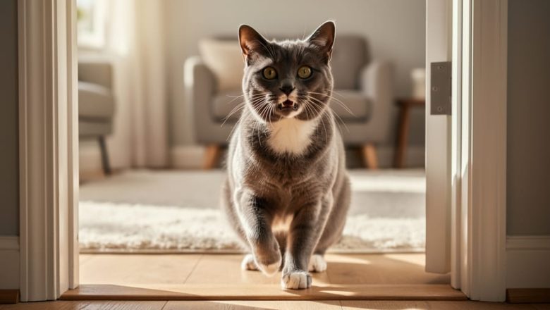 A Manx cat with a tailless or stubby tail sits by a doorway with a friendly, dog-like expression in soft natural light.