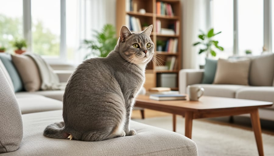 Two Manx cats exploring indoors, one with a no-visible-tail look and one with a small tail bump