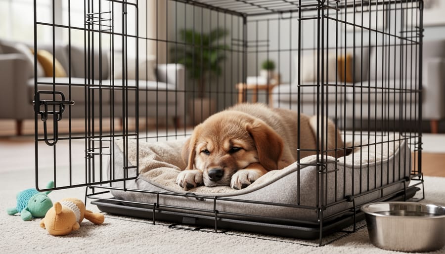 New puppy lying calmly in a crate with a bed, chew toy, and water bowl nearby