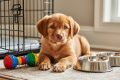 A small new puppy resting near a prepared crate with food and water bowls in a clean, puppy-safe home corner