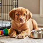 A small new puppy resting near a prepared crate with food and water bowls in a clean, puppy-safe home corner