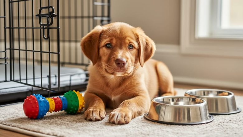 A small new puppy resting near a prepared crate with food and water bowls in a clean, puppy-safe home corner