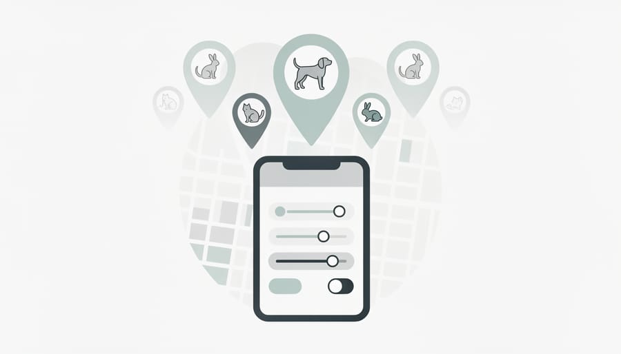 A person holding a smartphone and pet leash, with the phone out of focus to avoid readable text.