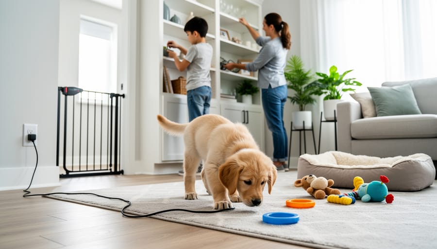 Ground-level view of puppy-proofing items including a latched cabinet, secured cords, and a blocked doorway