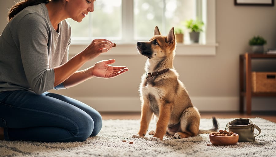 Person’s hands offering a treat to a puppy during early training