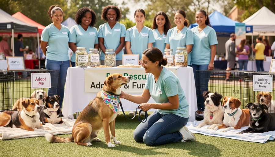 Volunteer offering treats to a dog during an outdoor adoption event