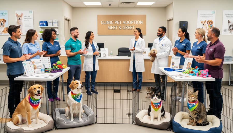 A veterinarian greeting a calm dog in a clinic reception area.