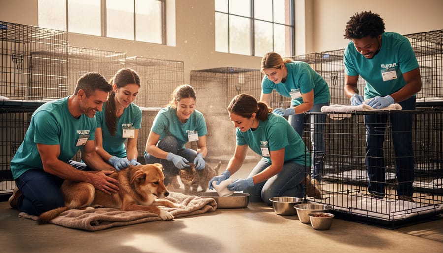 Volunteers preparing care for a calm dog at an animal rescue facility while one holds the dog gently.