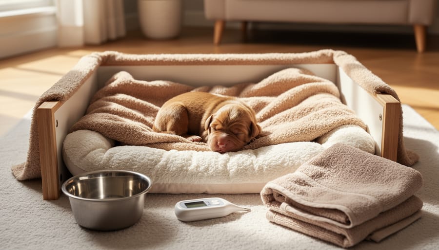 A 6-week-old puppy resting in a towel-lined whelping box next to a covered heating pad and water dish.