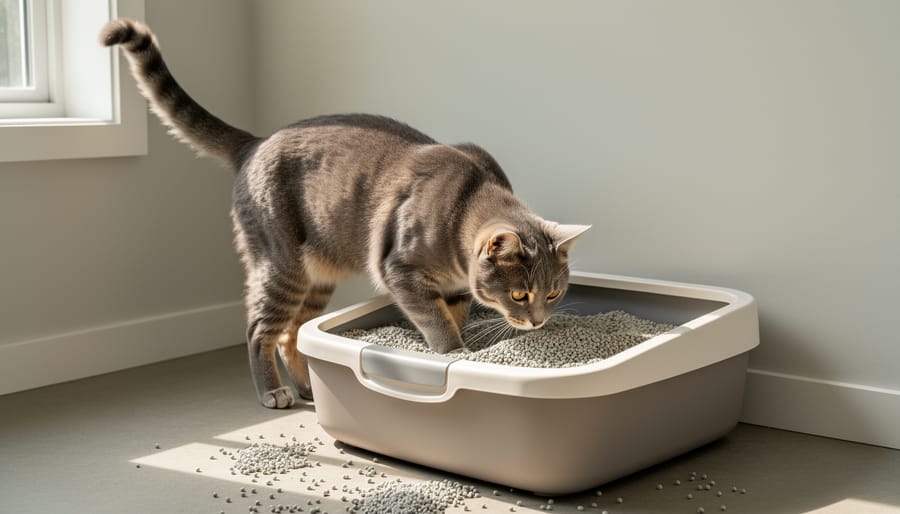 A calm adult cat exploring a clean covered litter box in a quiet living room corner.
