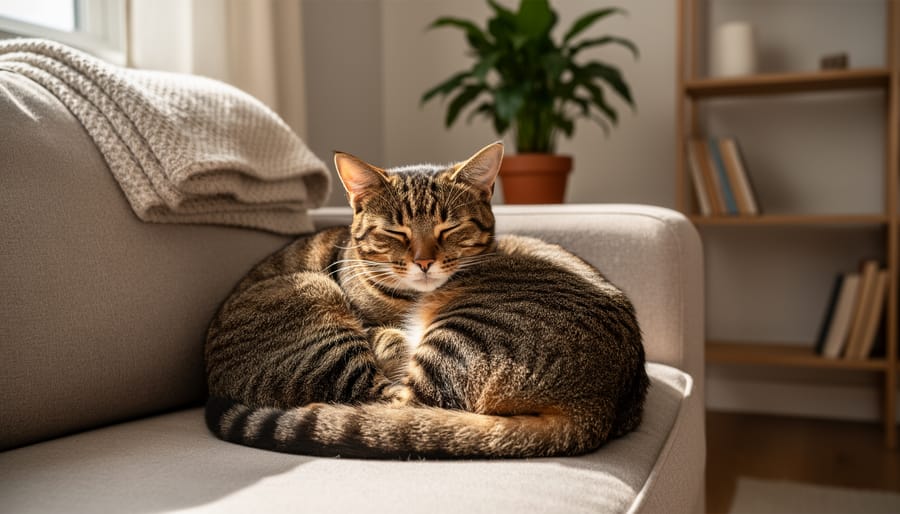 A calm cat resting on a cozy bed in a bright home environment, representing comfort during temporary fostering.