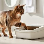A calm cat near a clean litter box on a tile floor in a quiet, home interior setting.