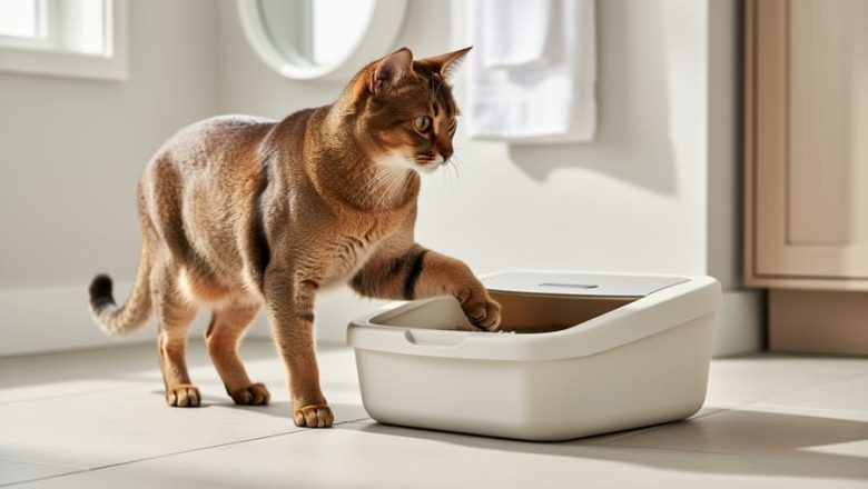 A calm cat near a clean litter box on a tile floor in a quiet, home interior setting.