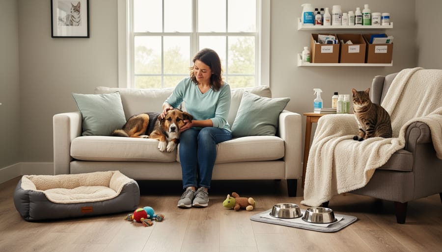 A small dog resting on a blanket in a tidy foster home living room