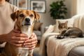 Volunteer gently holds a rescued dog while a foster cat rests nearby on a blanket in a warm home setting.