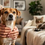 Volunteer gently holds a rescued dog while a foster cat rests nearby on a blanket in a warm home setting.