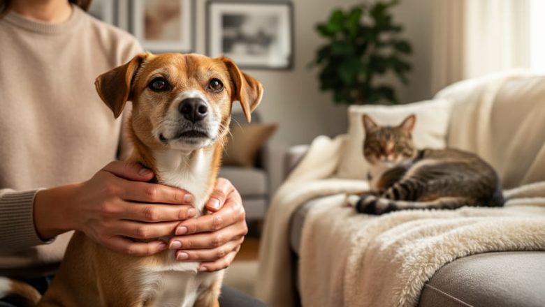 Volunteer gently holds a rescued dog while a foster cat rests nearby on a blanket in a warm home setting.