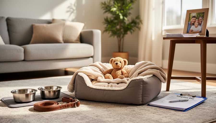 Pet bed and essentials like leash, collar, food and water bowls arranged in a cozy living room.