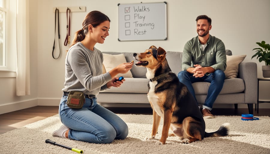 A trainer crouches with a leashed dog during a positive reinforcement training session